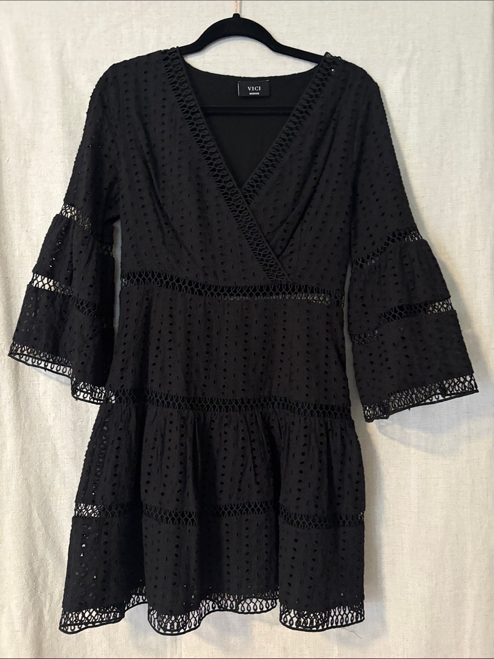 VICI Black Eyelet Wrap Tiered Mini Dress